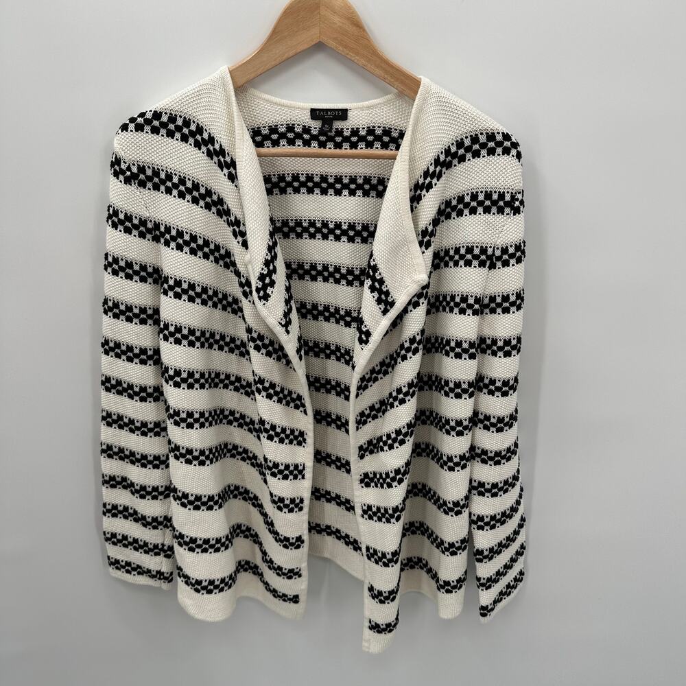 Talbots Black and White Striped Textured Open Cardigan Sweater // S Petite - Picture 2 of 11